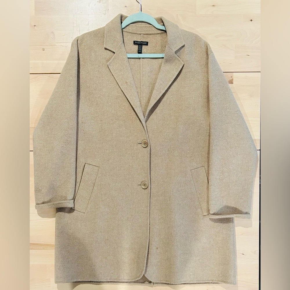 Eileen Fisher Felted Wool Coat | Camel Oatmeal | Two Button | Size Medium